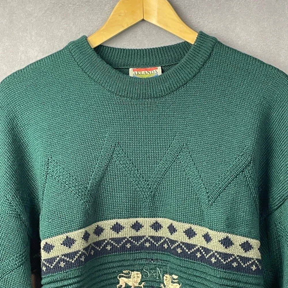 Aklanda Sweater Mens Medium Green Lions Crest Wool Made in Australia Vintage‎